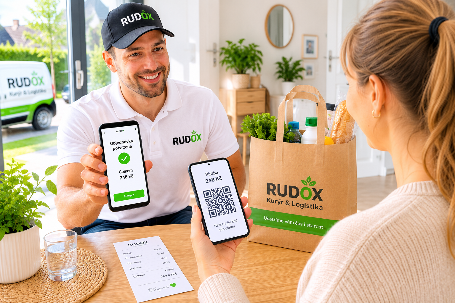 Kurýr RUDOX ukazuje zákaznici potvrzenou cenu objednávky a QR kód pro platbu