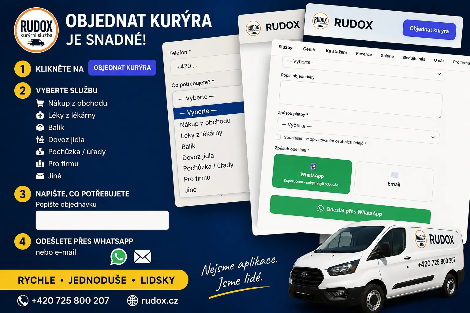Objednat kurýra je snadné — 1. Klikněte na Objednat kurýra, 2. Vyberte službu, 3. Napište, co potřebujete, 4. Odešlete přes WhatsApp nebo e-mail. RUDOX, tel. +420 725 800 207, rudox.cz.