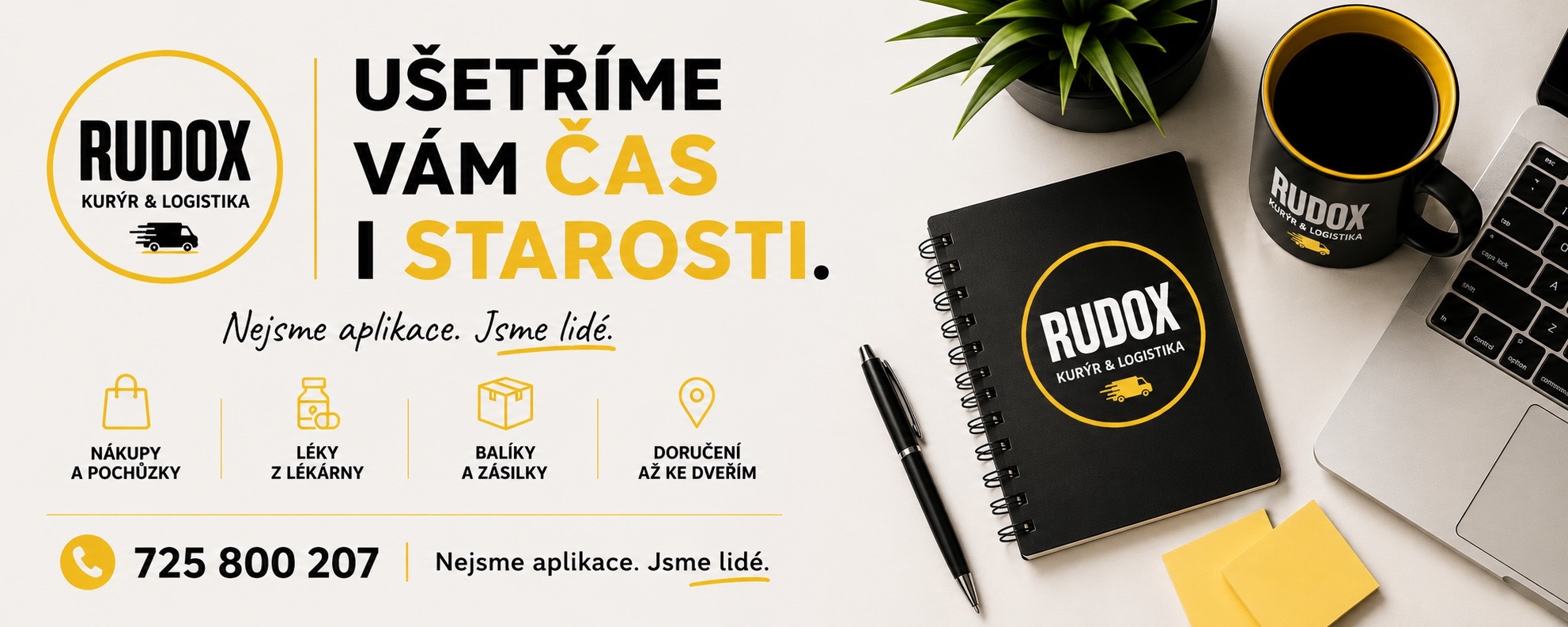 RUDOX — Ušetříme vám čas i starosti. Nákupy a pochůzky, léky z lékárny, balíky a zásilky, doručení až ke dveřím. Tel. 725 800 207. Nejsme aplikace. Jsme lidé.